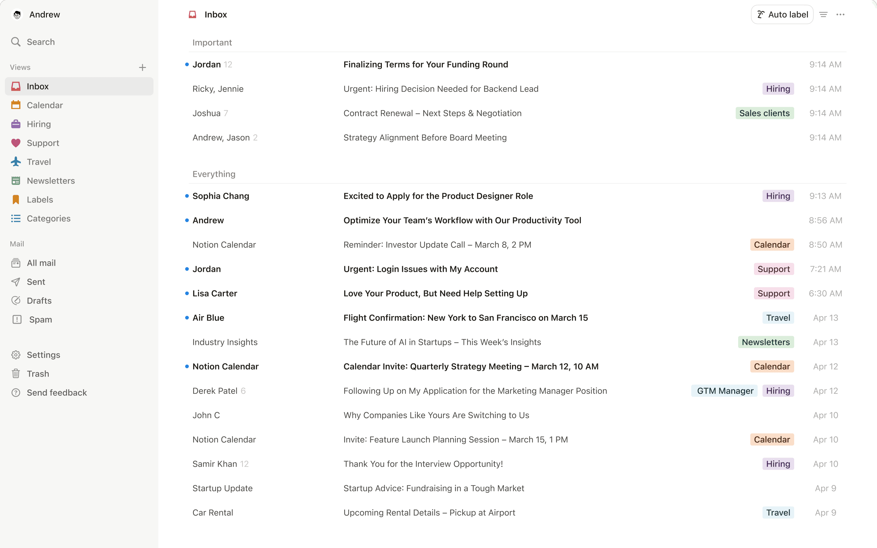Una captura de pantalla de Notion Mail en escritorio